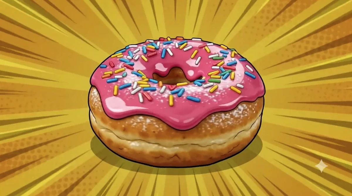 Ein bunt glasierter Krapfen vor gelben Strahlen