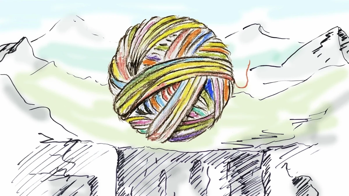 Ein buntes Wollknäuel in einer gezeichneten Eislandschaft